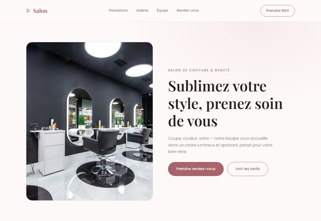 Aperçu d'une maquette de site pour salon de coiffure